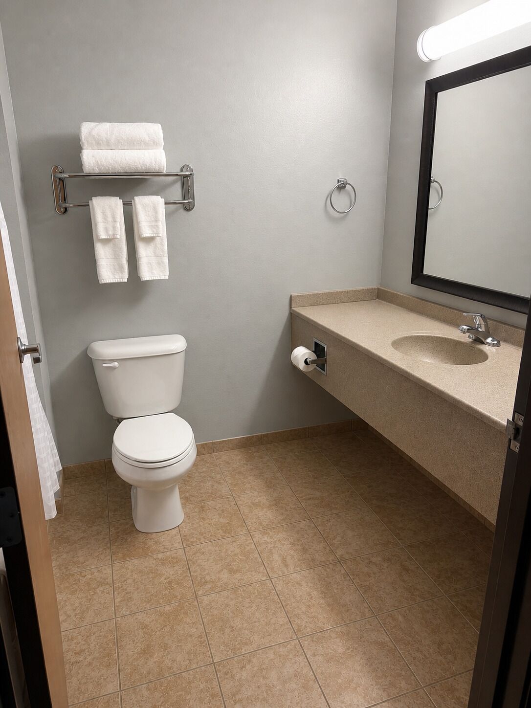 A bathroom with a toilet, sink, mirror, towel rack, and toilet paper dispenser.