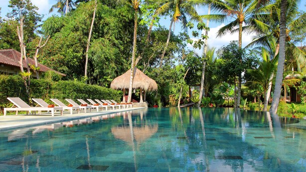 A clear swimming pool with lounge chairs and a thatched-roof structure. - MATHIS Retreat Ubud (Ubud)