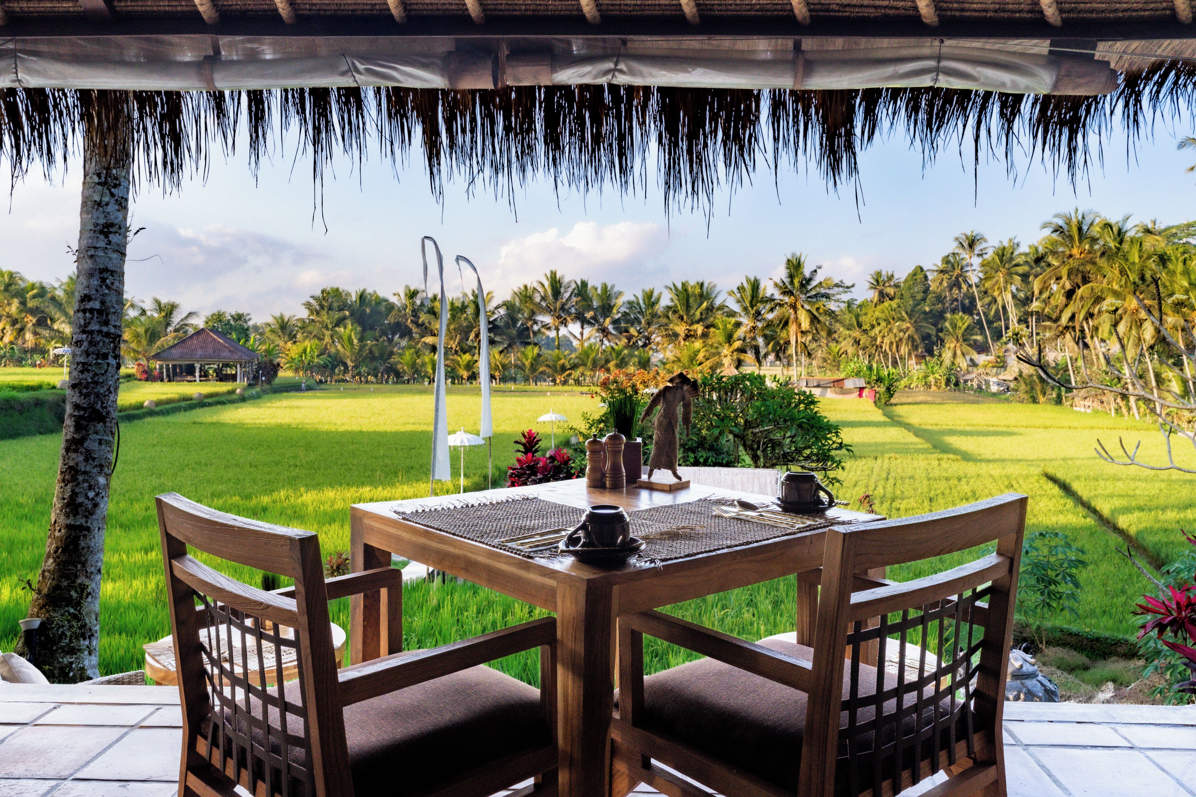 A wooden table with chairs set outdoors, overlooking a lush green field and palm trees.