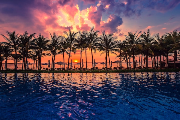 Outdoor pool, pool umbrellas, pool loungers