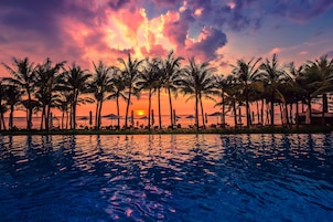 Outdoor pool, pool umbrellas, pool loungers