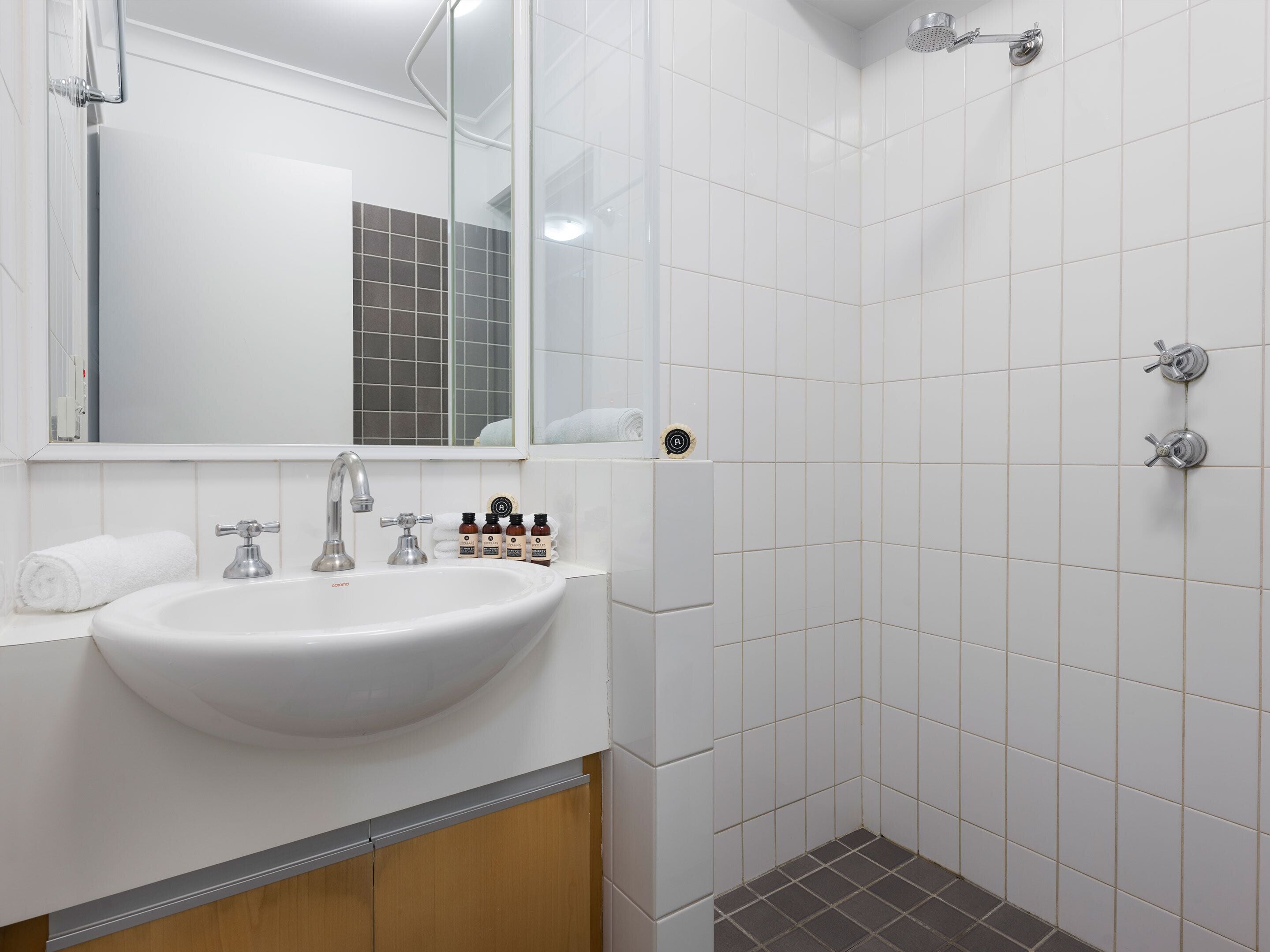 A bathroom with a white sink, mirror, and shower.