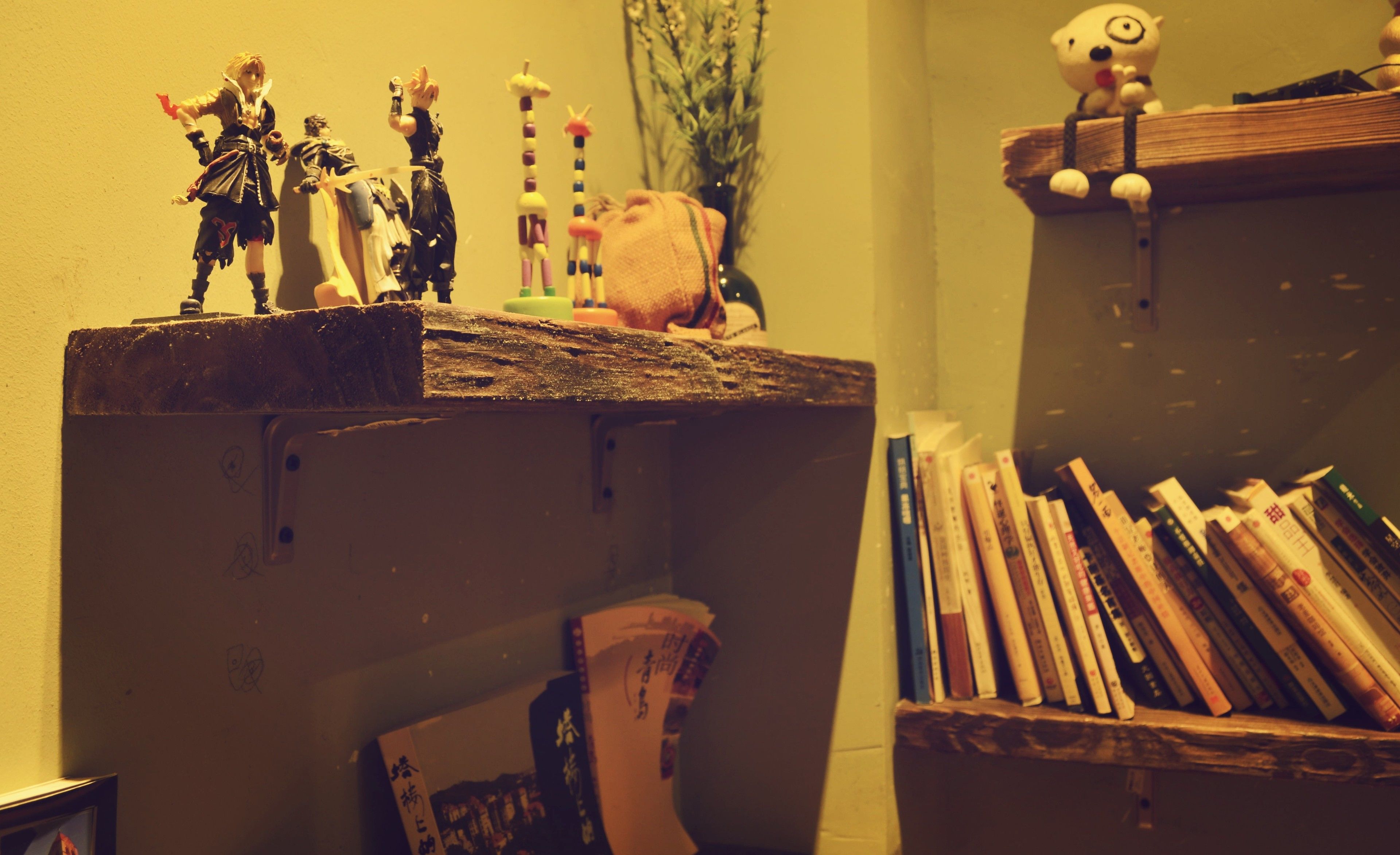 Una estantería con figuritas, una planta pequeña y una colección de libros.