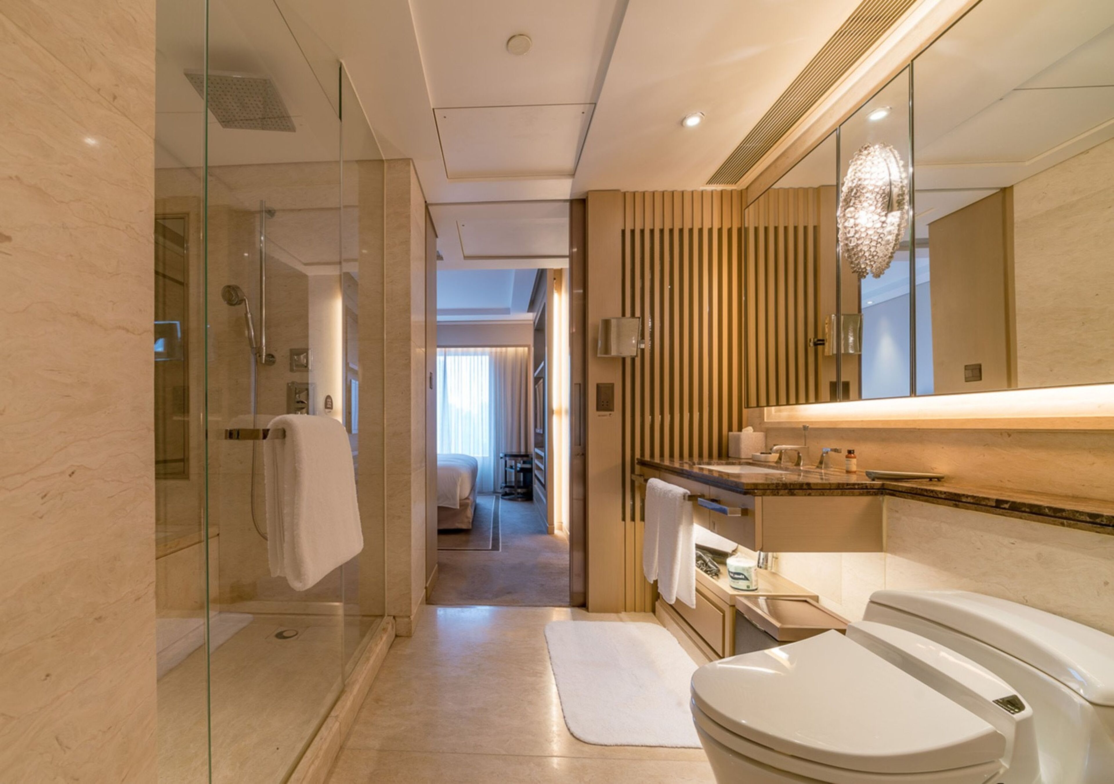 A modern bathroom with a glass-enclosed shower, a white toilet, and a vanity with a mirror.