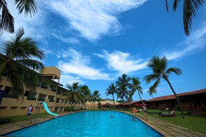 Outdoor pool, pool umbrellas, pool loungers