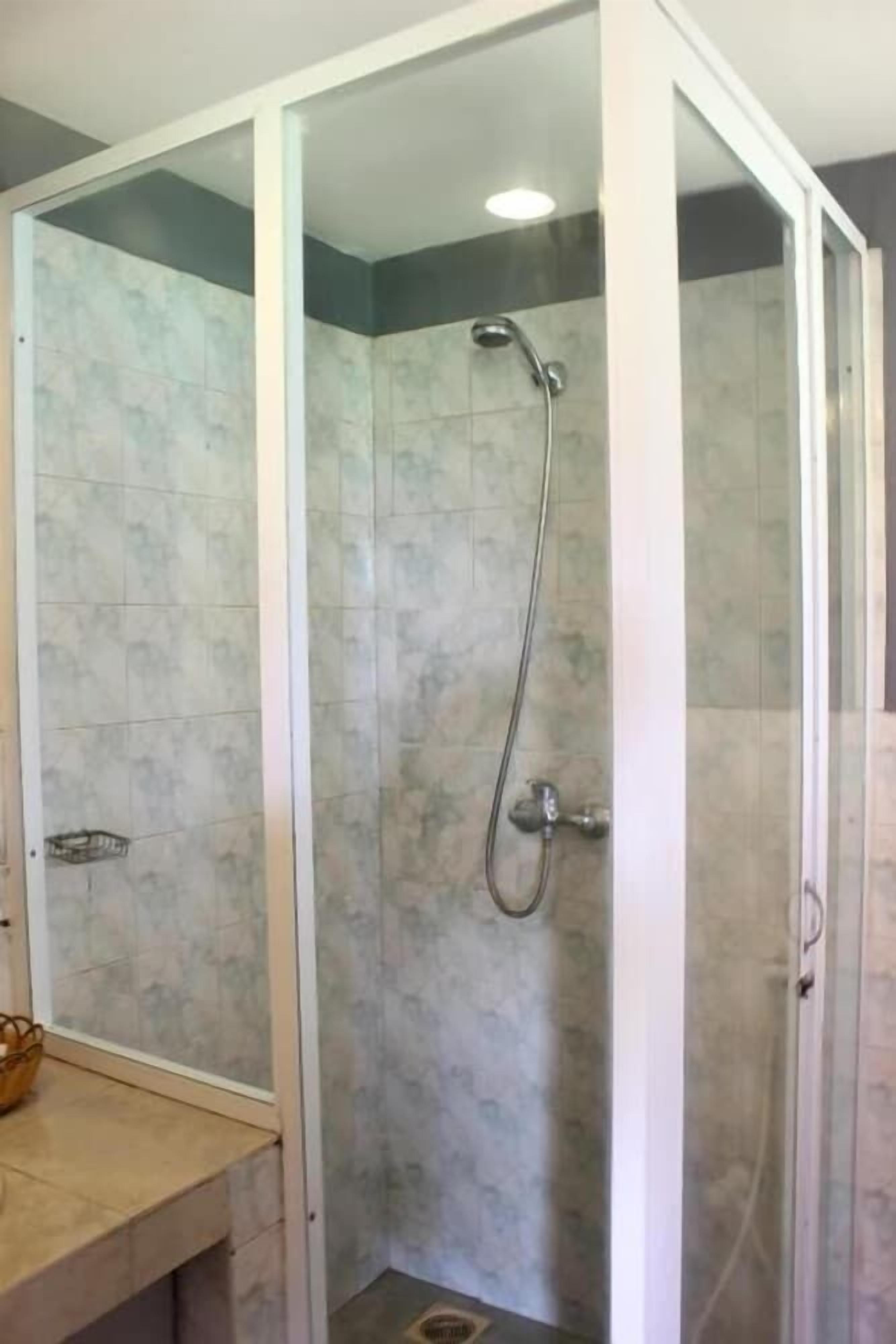 Ducha con puerta de vidrio, alcachofa y pared de azulejos.