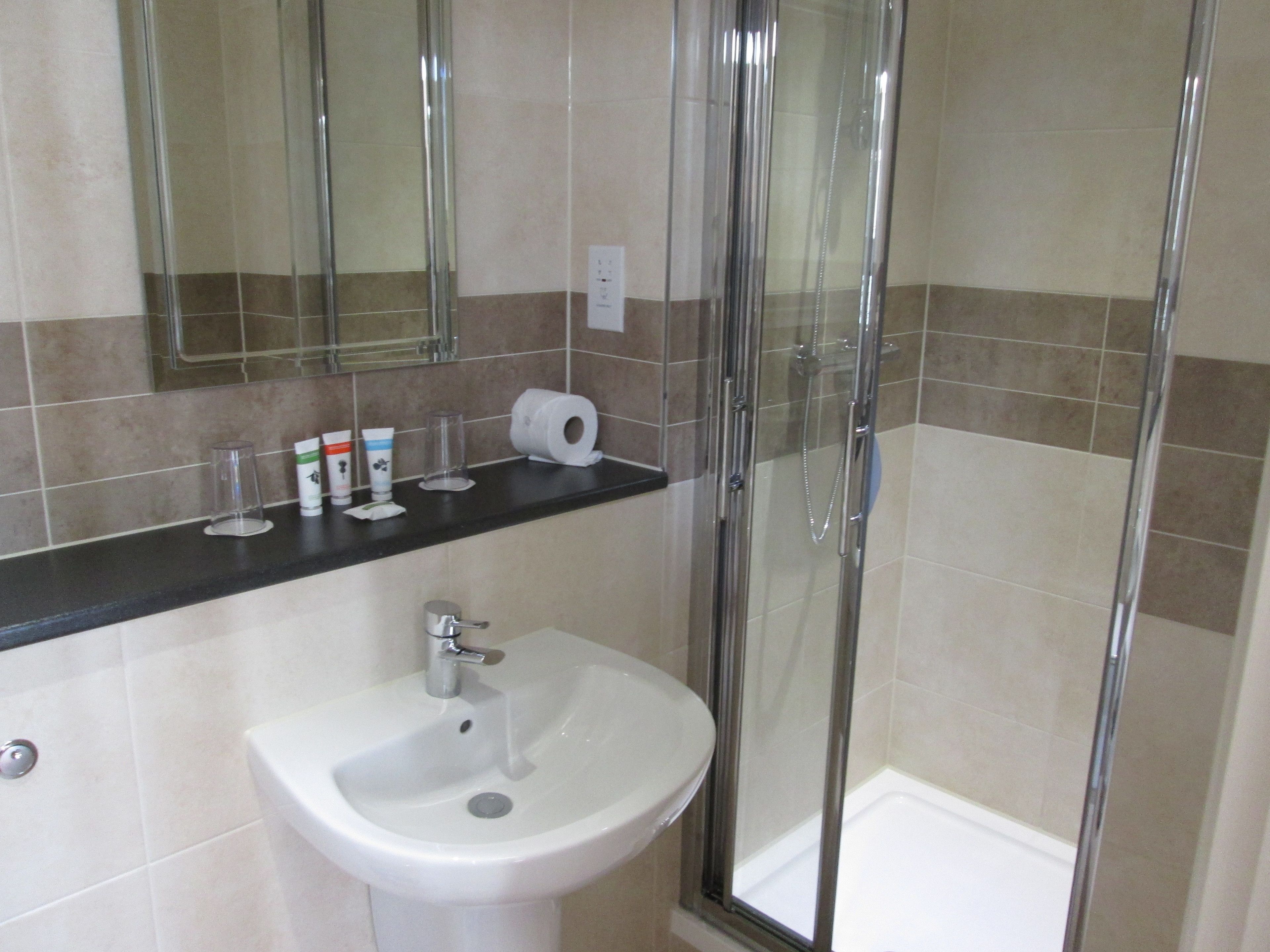 A bathroom with a sink, mirror, and shower.