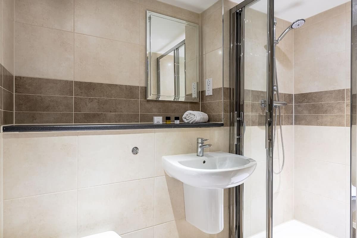 combined shower/bathtub, free toiletries, hair dryer, towels