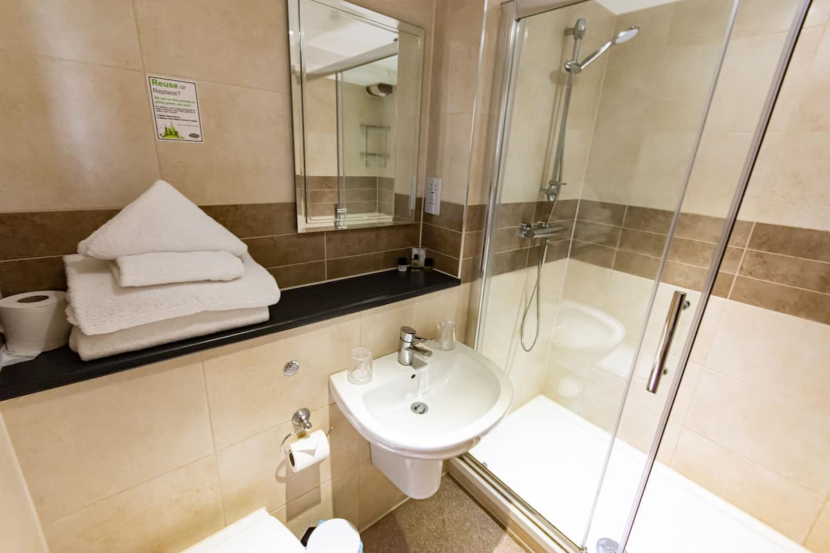 combined shower/bathtub, free toiletries, hair dryer, towels