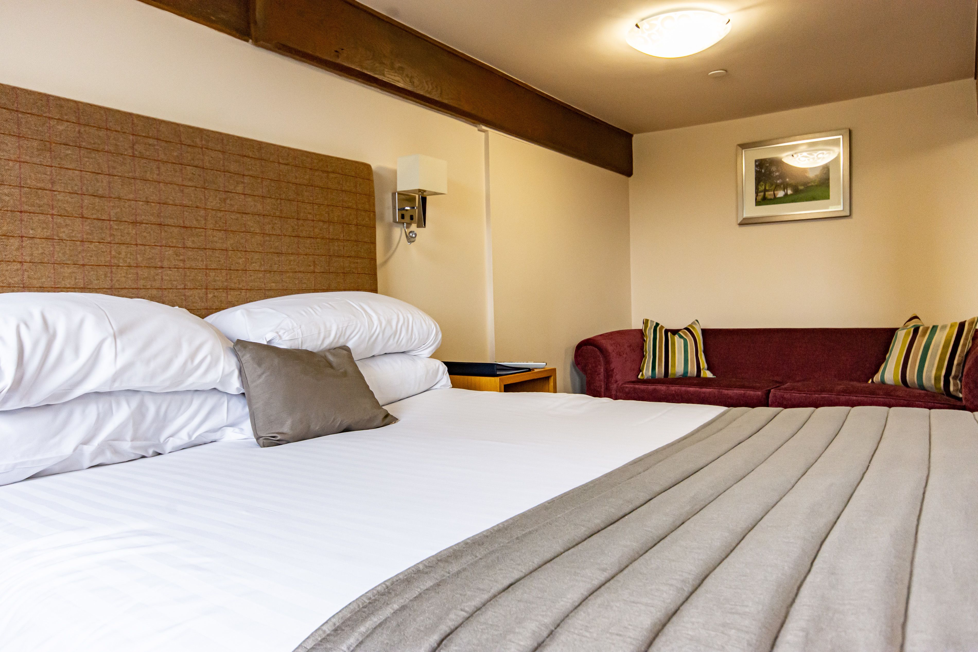 Une chambre d’hôtel avec un grand lit, un canapé rouge, une lampe et un tableau encadré au mur.