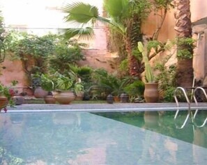 A clear glass swimming pool surrounded by potted plants and a stone wall. - Riad Meknès (Meknes)