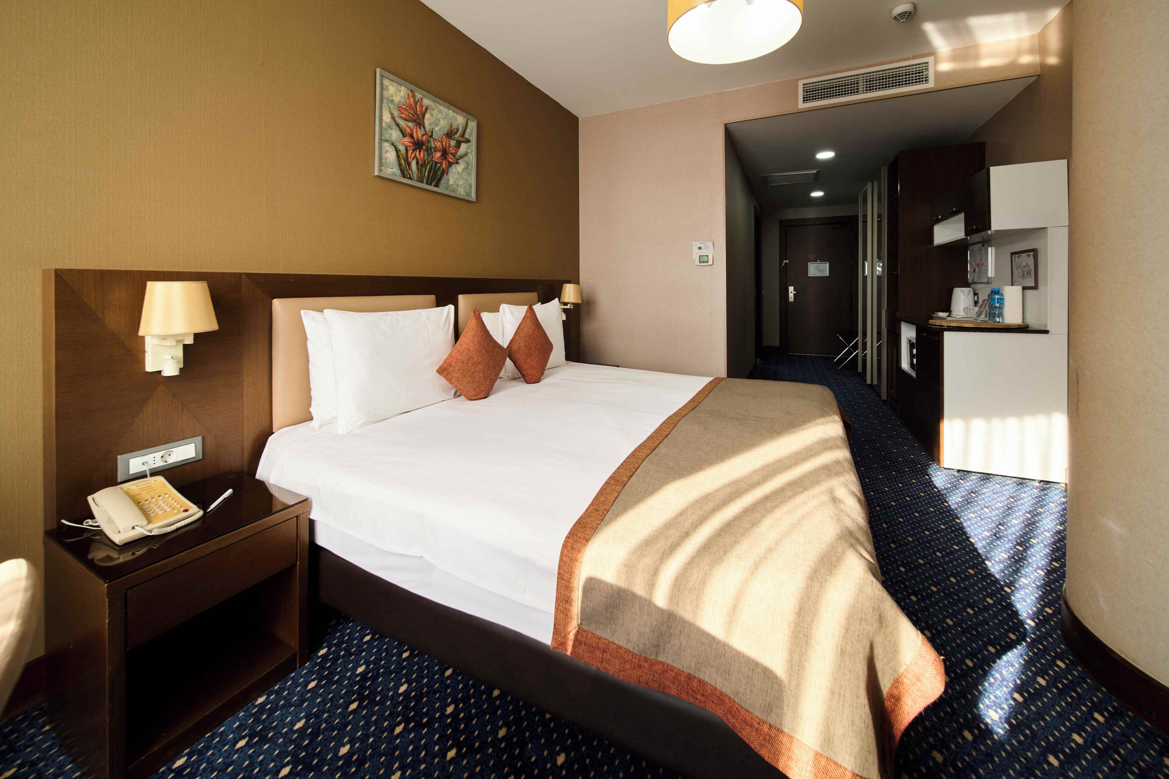 A hotel room with a bed, bedside lamp, telephone, and a painting on the wall.