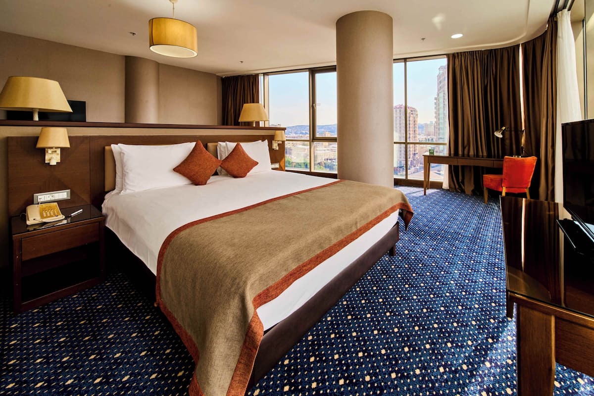 A hotel room with a large bed, a desk with a lamp, a TV, and a view of the city.