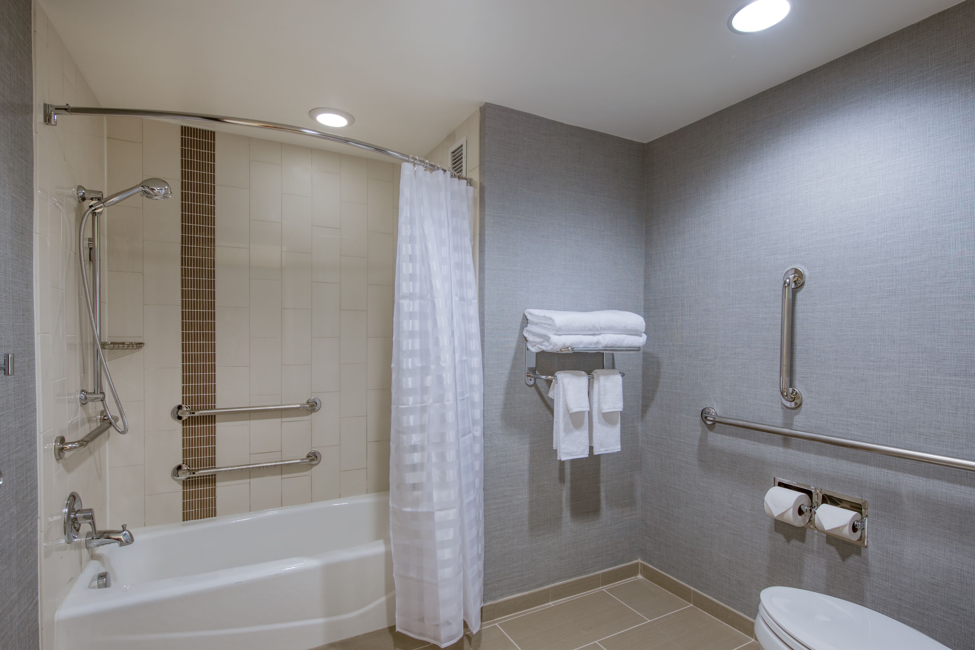 A modern bathroom with a bathtub, shower, and toilet.