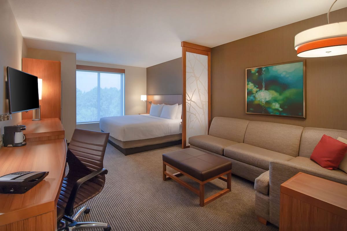 A hotel room with a bed, a sofa, a desk with a chair, a television, and a painting on the wall.