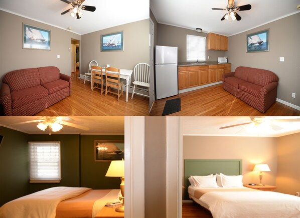 A room with a bed, a desk, and a chair. There is a window with blinds and a ceiling fan.