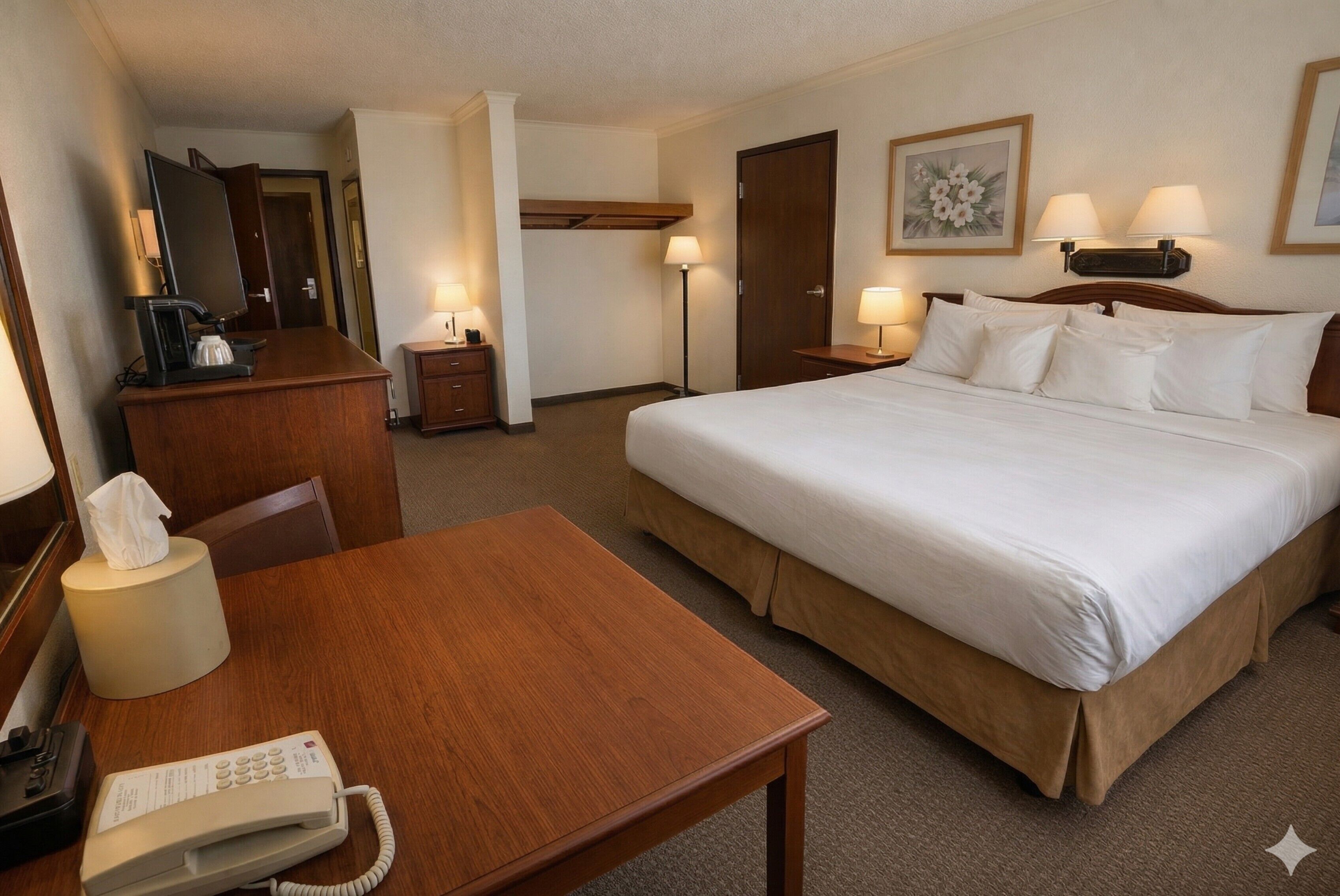 Une chambre d’hôtel équipée d’un lit, de lampes de chevet, d’un bureau avec un téléphone, d’une machine à café et d’un miroir.