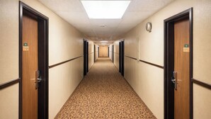 A hotel corridor with doors on both sides, a patterned carpet, and a ceiling light.