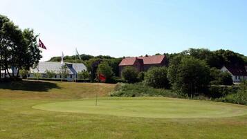 Ein Golfplatz mit einer Fahne, Bäumen und Häusern im Hintergrund.