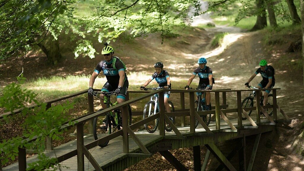 Eine Holzbrücke in einem bewaldeten Gebiet, auf der Radfahrer fahren.