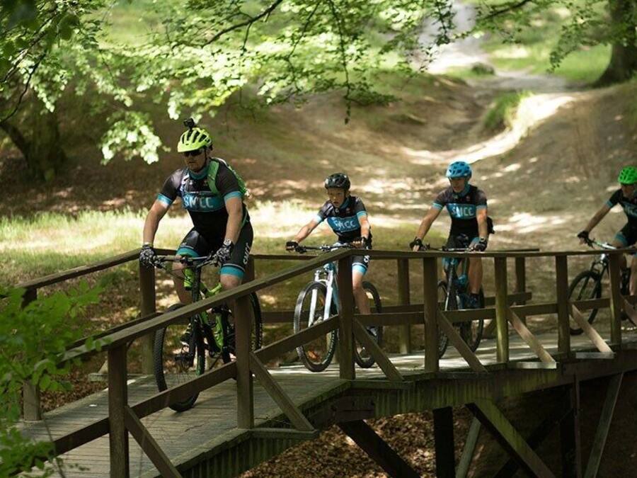 A wooden bridge in a forested area with cyclists on it.