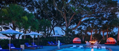 Outdoor pool, pool umbrellas, pool loungers