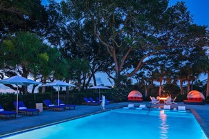 Outdoor pool, open 9:00 AM to 9:00 PM, pool umbrellas, pool loungers