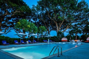 Outdoor pool, open 9:00 AM to 9:00 PM, pool umbrellas, sun loungers