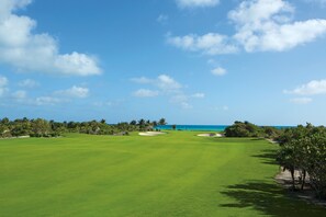 A golf course with a clear view of the ocean and palm trees.