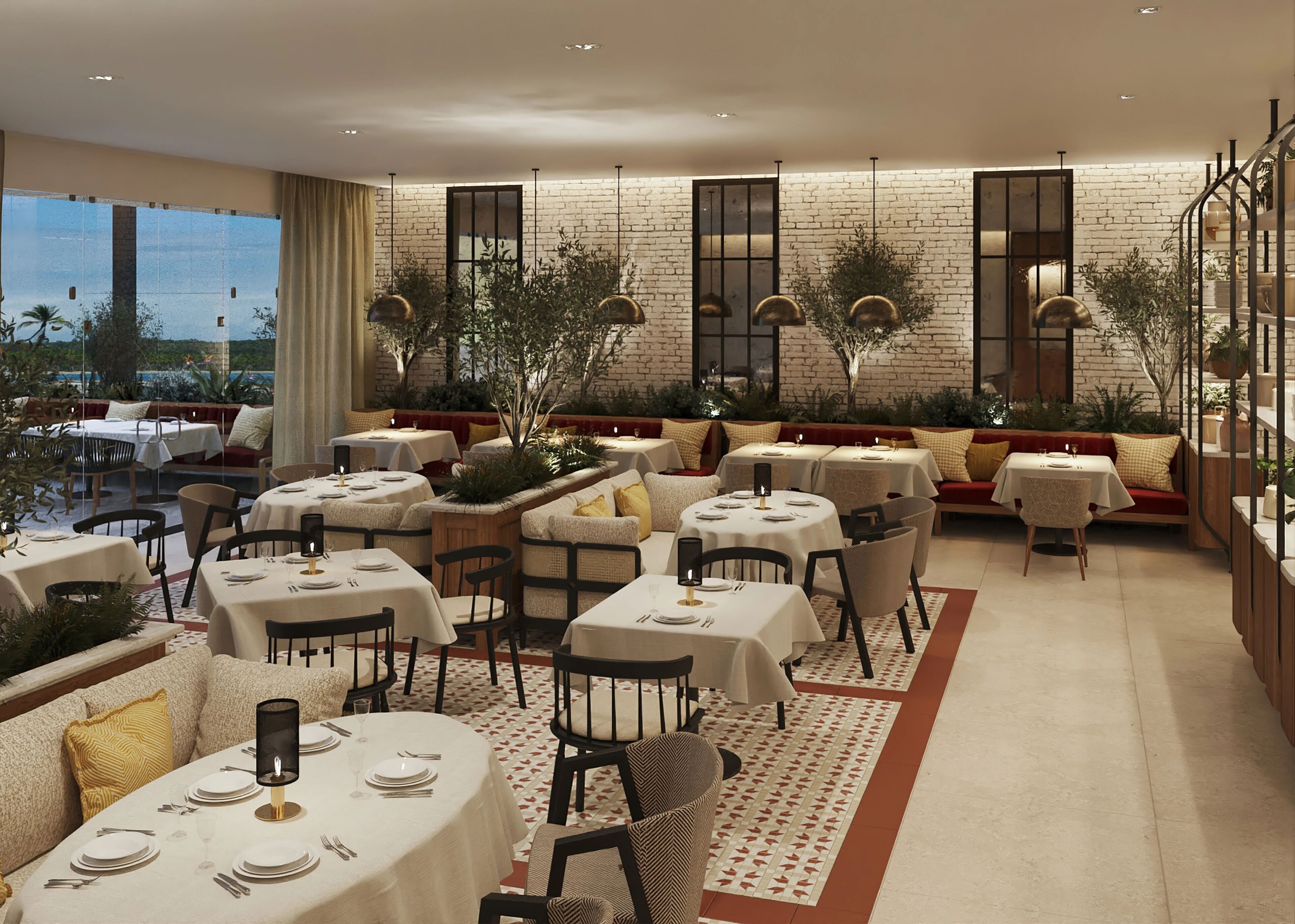 Een restaurant met ronde tafels, comfortabele zitmogelijkheden en uitzicht op de omgeving.