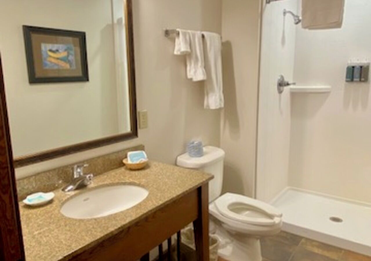 A bathroom with a sink, toilet, and shower.