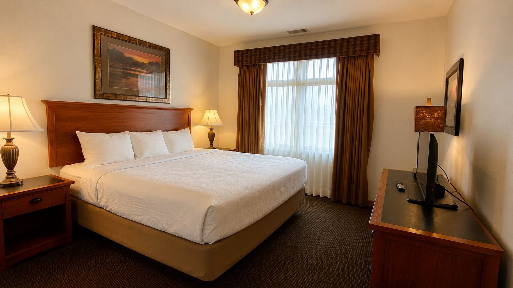 Une chambre d’hôtel avec un grand lit, deux tables de chevet, un bureau avec un ordinateur et une fenêtre avec des rideaux.