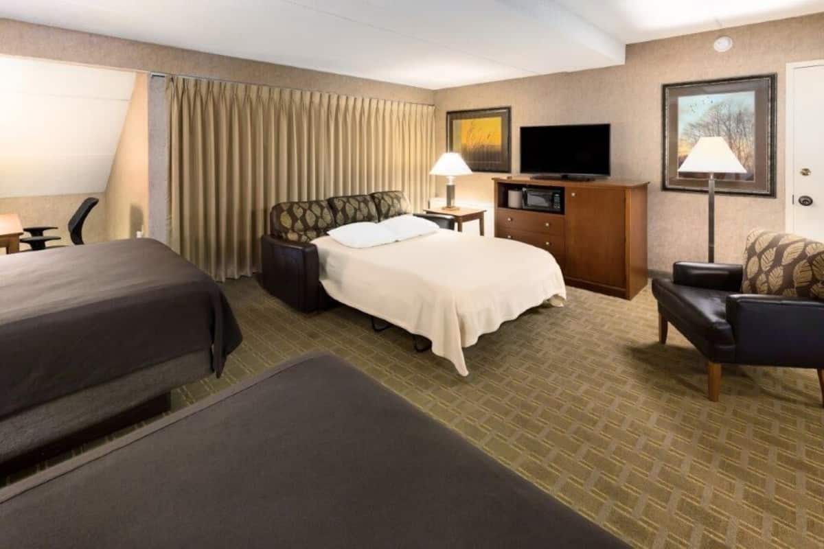 A hotel room with two beds, a desk, a TV, a lamp, and a framed picture on the wall.