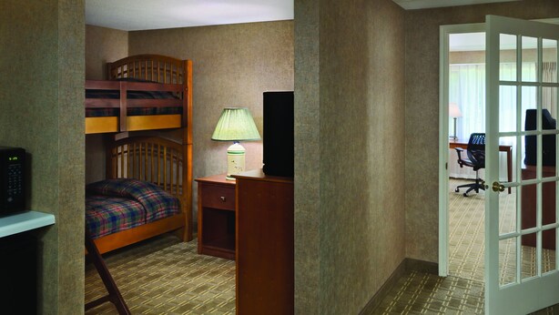 A hotel room with a bunk bed, a desk with a lamp, a chair, and a computer. - Arrowwood Resort Hotel and Conference Center - Alexandria, MN (Alexandria)