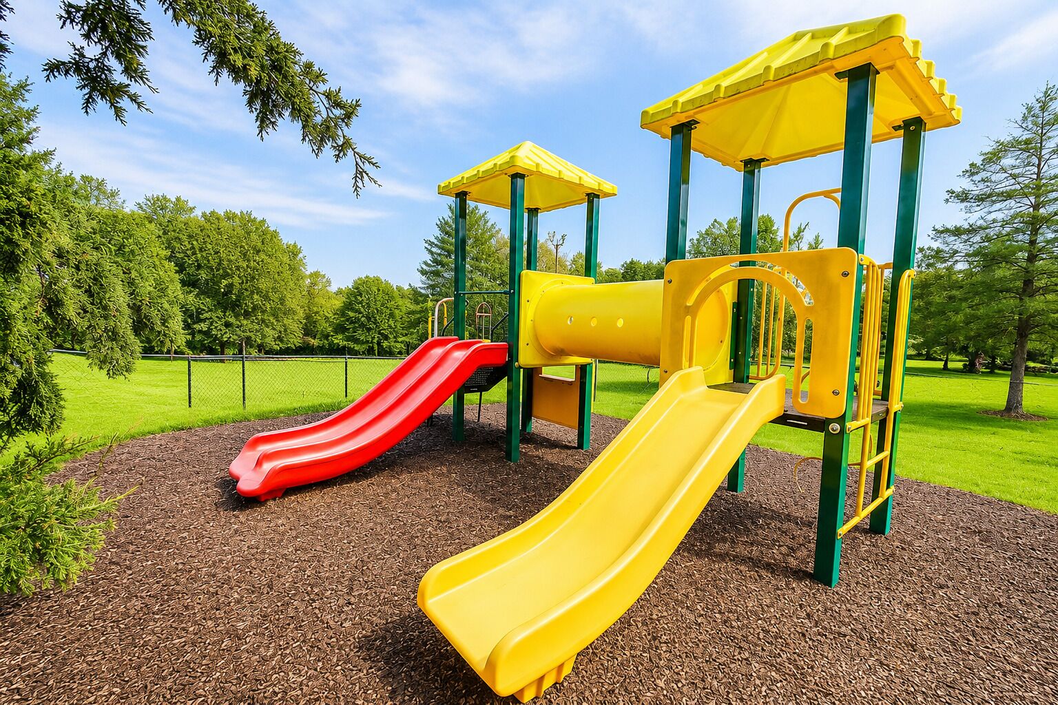 Ein Spielplatz mit zwei Rutschen, einer Kletterkonstruktion und einem umzäunten Bereich.