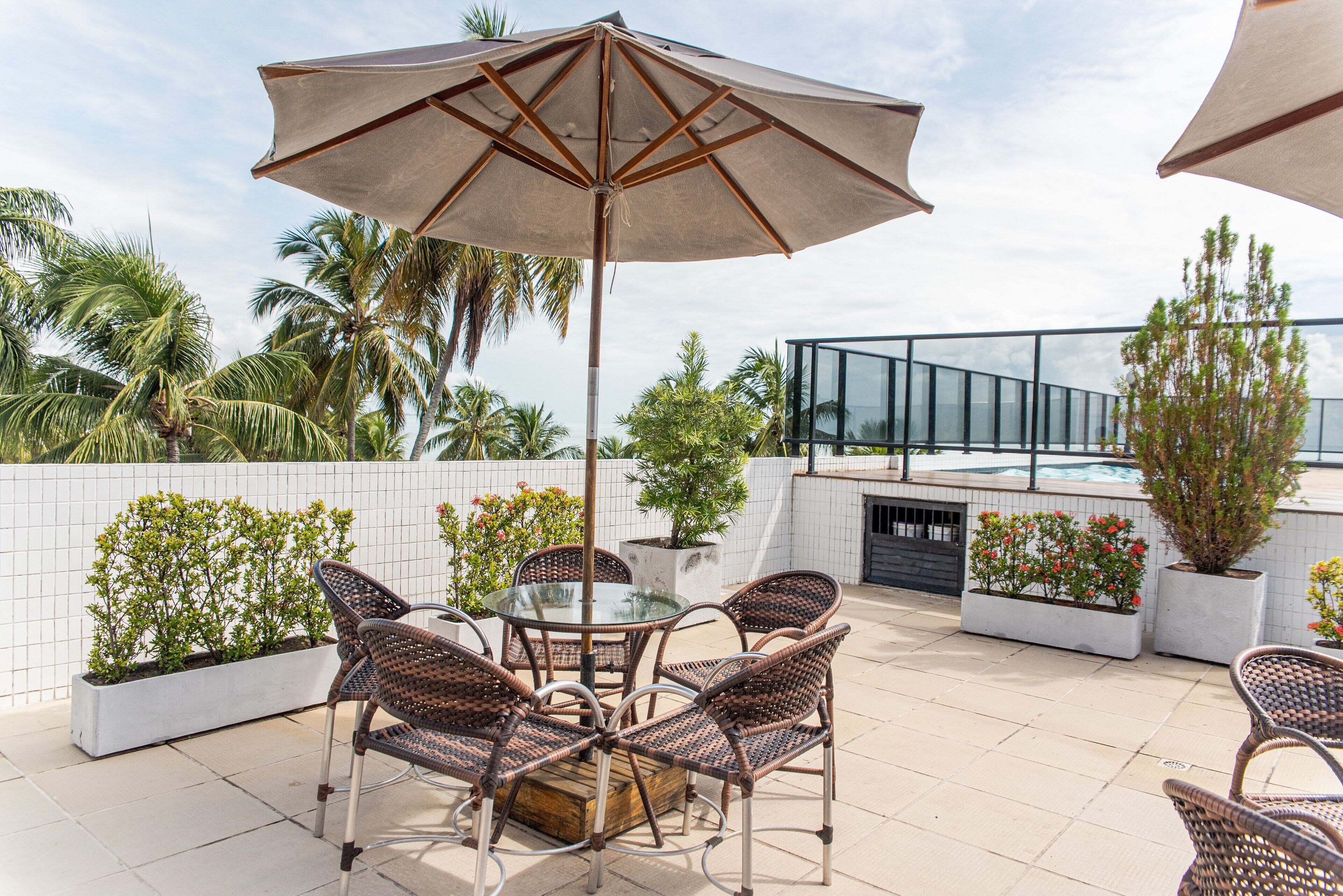 Outdoor pool, pool umbrellas, pool loungers