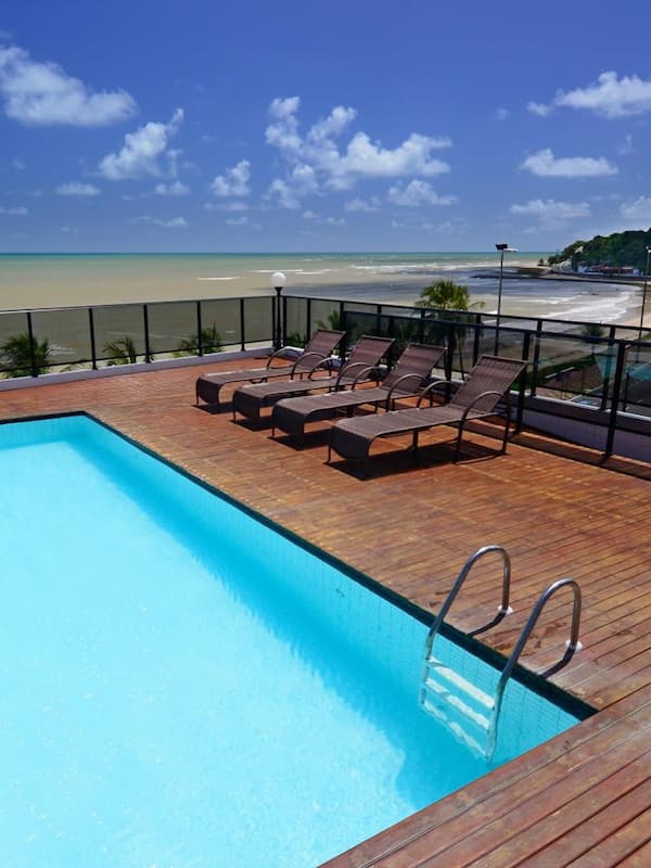 Outdoor pool, pool umbrellas, pool loungers