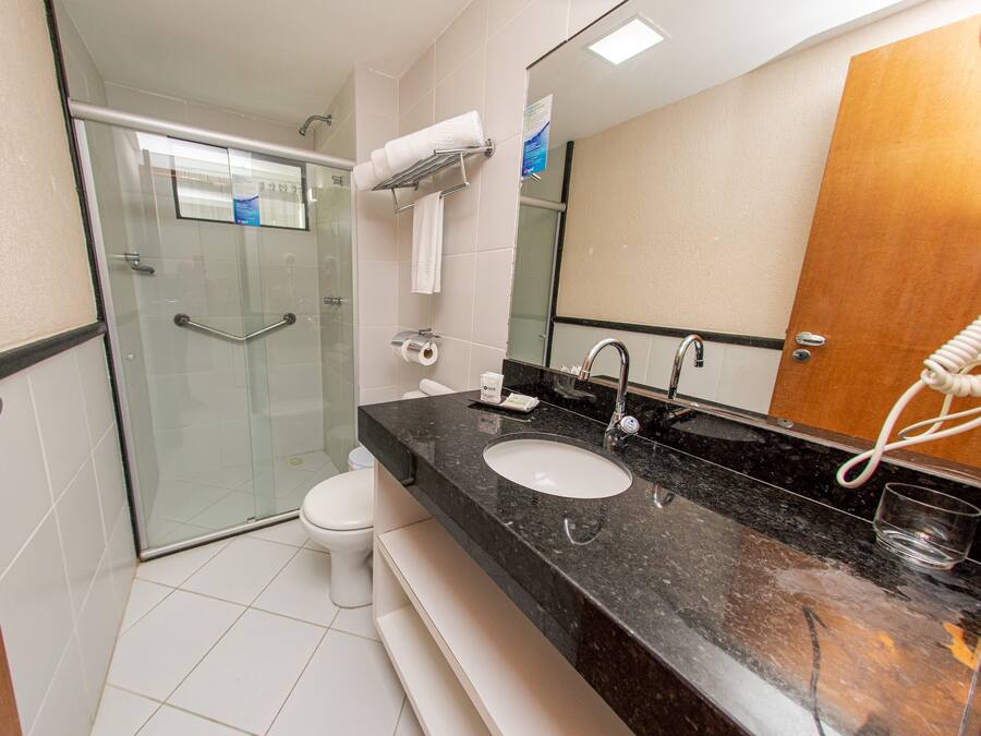 A modern bathroom with a glass shower enclosure, a white toilet, a black marble sink, and a large mirror.