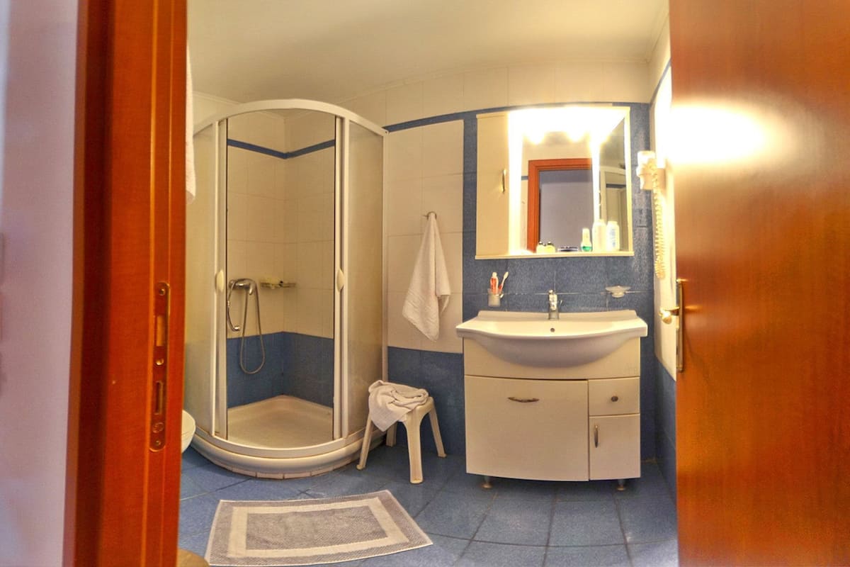 standard room | bathroom | shower, free toiletries, hair dryer, towels