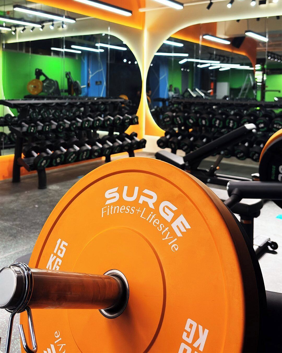 Une salle de sport équipée de matériel de musculation, notamment une barre avec des disques de poids portant l’inscription « SURGE Fitness+Lifestyle ».