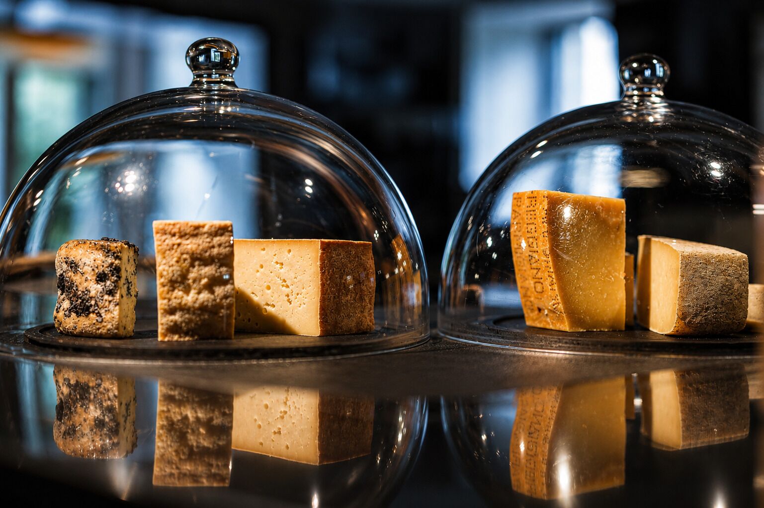 Two glass domes with cheese blocks underneath.