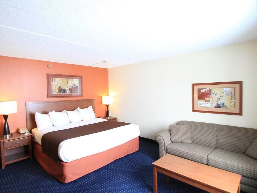 Una habitación de hotel con una cama, un sofá, una mesa de centro y dos lámparas.