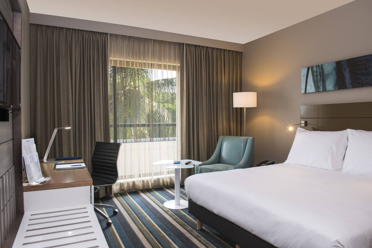 Habitación de hotel con una cama grande, un escritorio con silla, una mesita, una lámpara y vistas a zonas verdes por la ventana.