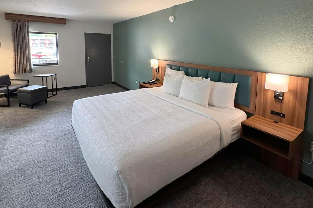 Une chambre d’hôtel avec un grand lit, un bureau, une chaise et une fenêtre avec des rideaux.