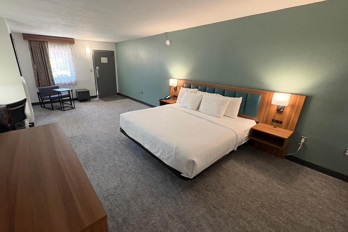 Une chambre d’hôtel avec un grand lit, un bureau, une chaise, une table de chevet avec une lampe et une porte.