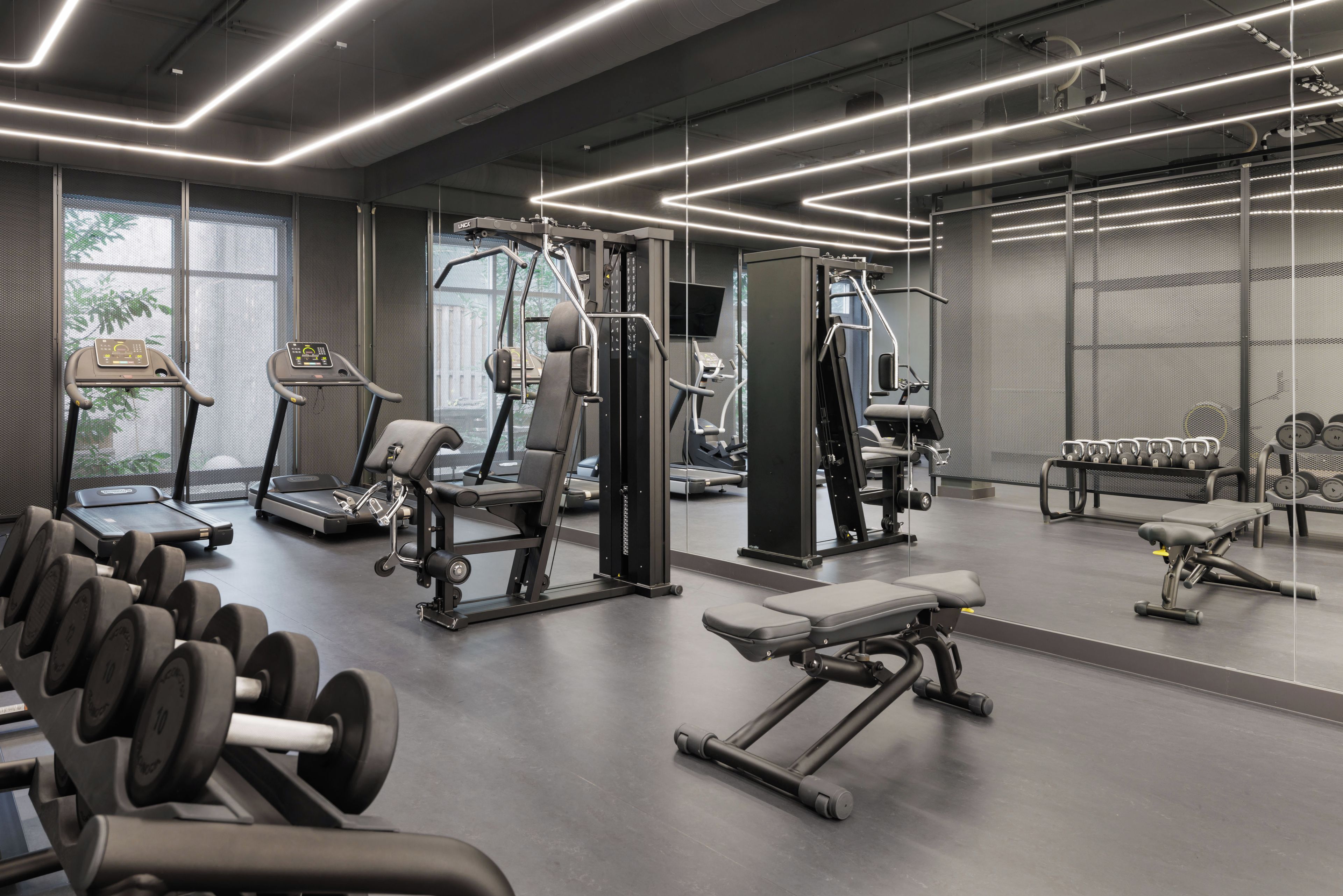 Un gimnasio moderno con cintas de correr, máquinas de pesas y pesas libres.