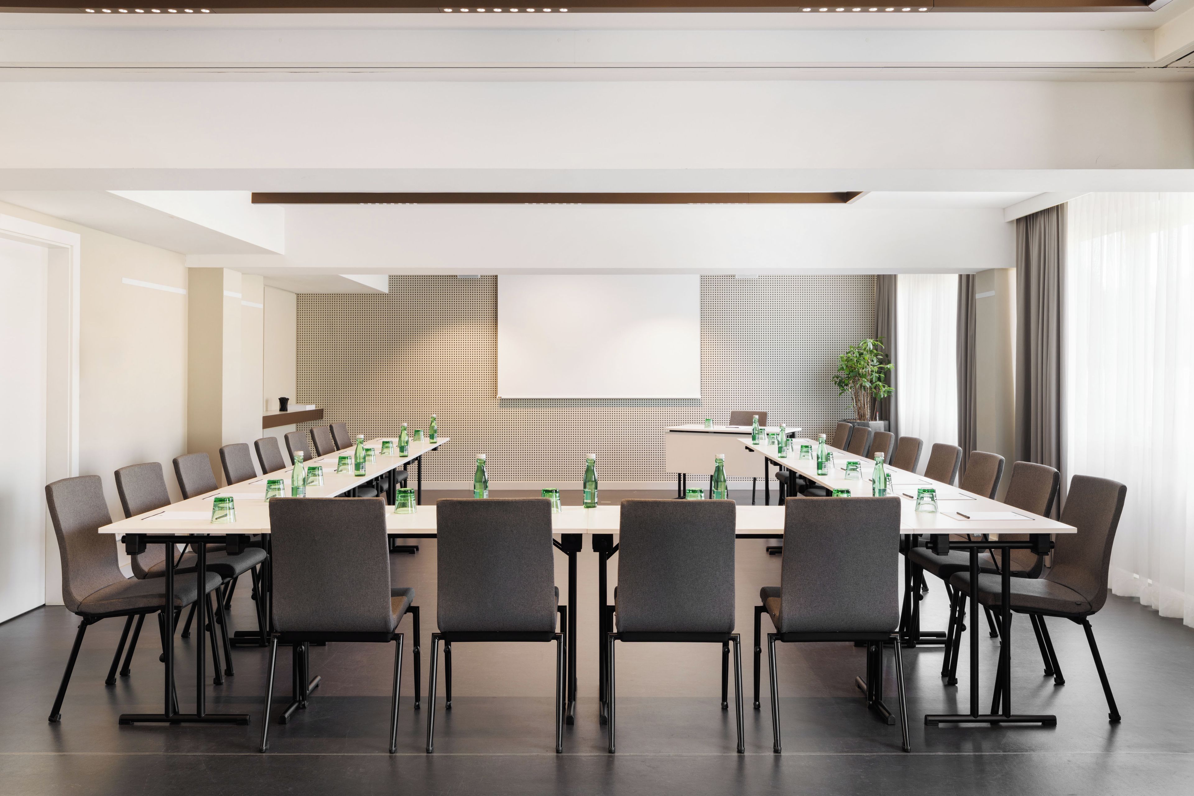 A conference room with a long table, multiple chairs, and a plant.