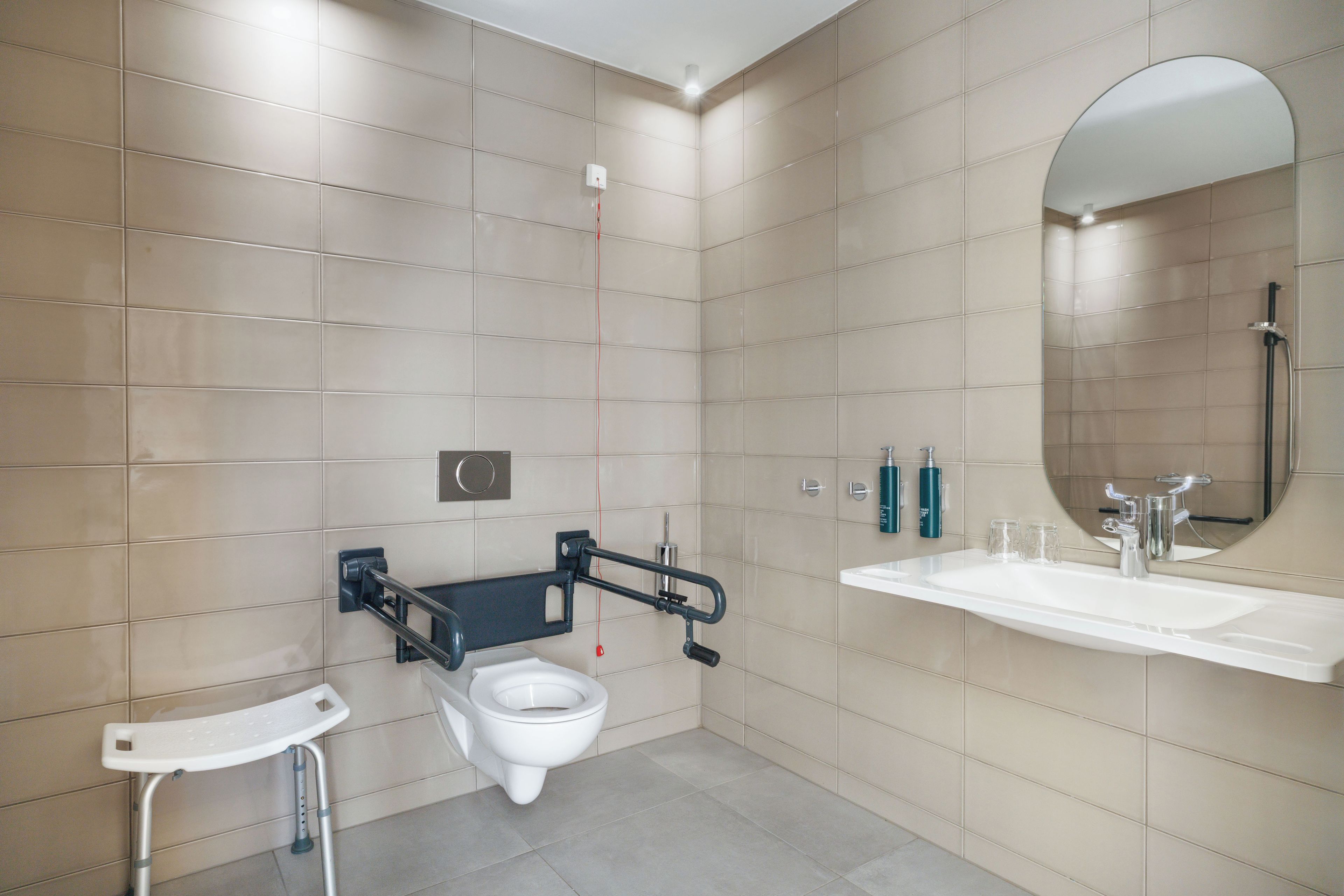 Et moderne badeværelse med toilet, gelænder, vask og spejl.
