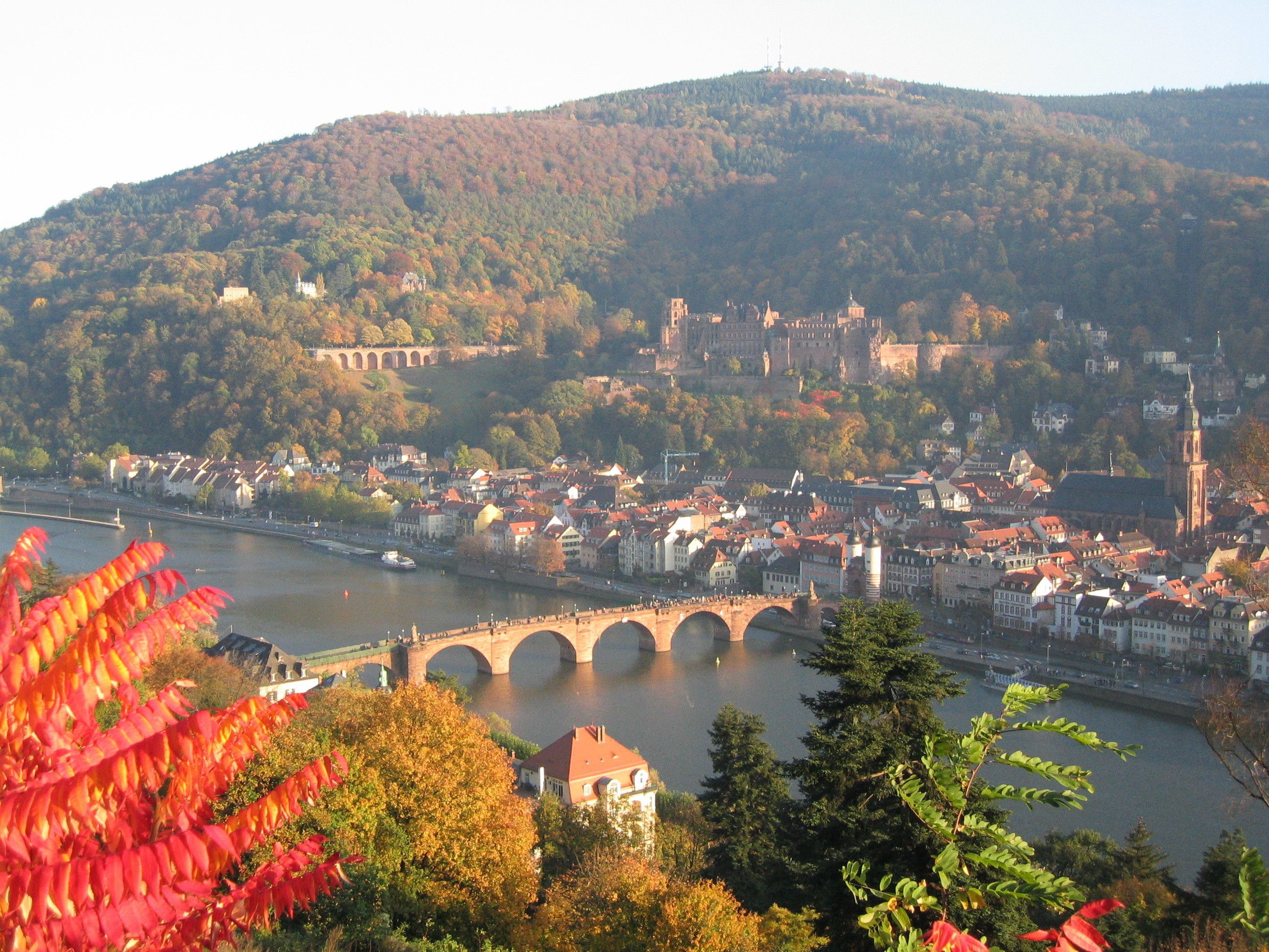 A cityscape with a river, a bridge, and a hill with a castle-like structure.