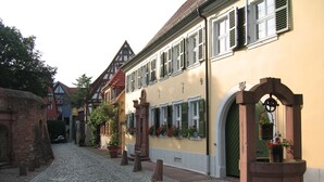 Una calle empedrada flanqueada por edificios tradicionales europeos, con una combinación de fachadas entramadas y pintadas.